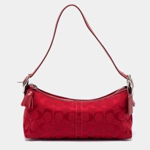 Coach Red Signature Canvas Leather East West Demi  Baguette Bag