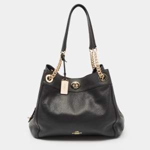 Coach Black Leather Edie Turnlock Shoulder Bag     
