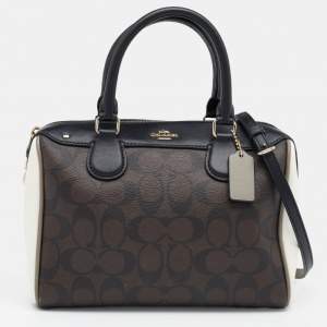 Coach Brown/Black Signature Canvas White Leather Mini Bennett Satchel