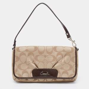 Coach Beige/Dark Brown Signature Canvas And Patent Leather Flap Baguette