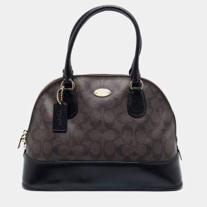 Coach Brown/Black Signature Coated Canvas and Leather Cora Satchel