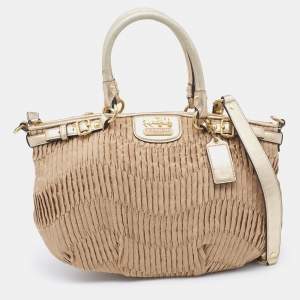 Coach Beige/Gold Signature Pleated Canvas and Leather Sophia Madison Satchel