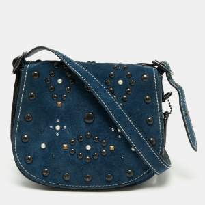 Coach Blue Leather Studded Saddle Crossbody Bag
