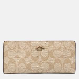 Coach Beige Signature Coated Canvas Long Slim Bifold Wallet