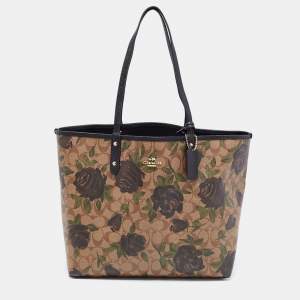 Coach Black/Beige Floral Print Signature Coated Canvas and Leather Reversible City Tote