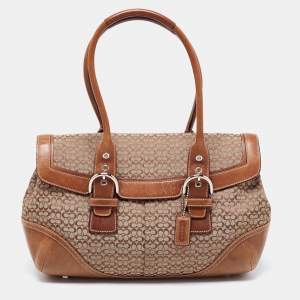 Coach Brown/Beige Signature Canvas and Leather Flap Buckle Satchel