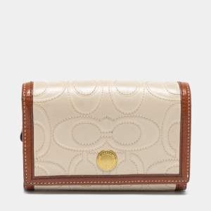 Coach Off White/Brown Signature Leather Trifold Compact Wallet