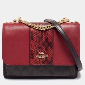Coach Red/Brown Signature Canvas And Python Embossed Leather Klare Flap Shoulder Bag