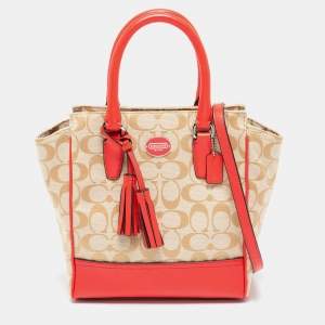 Coach Beige/Coral Pink Signature Canvas and Leather Tassel Tote