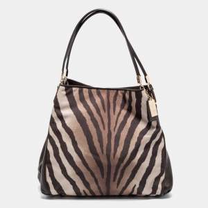 Pre Owned Coach Brown/Beige Zebra Print Canvas and Leather Madison Phoebe Shoulder Bag