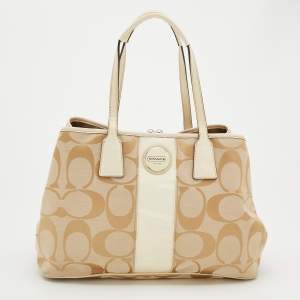 Coach Beige Signature Canvas and Patent Leather Kisslock Framed Carryall Tote