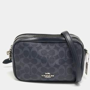 Coach Navy Blue Signature Coated Canvas and Leather Jes Camera Crossbody Bag