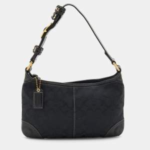 Coach Black Signature Canvas and Leather Buckle Baguette
