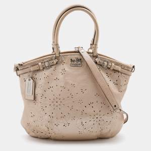 Coach Metallic Beige Leather Floral Laser Cut Lindsey Satchel