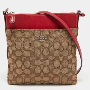 Coach Beige/Red Signature Jacquard and Leather Swingpack Crossbody Bag
