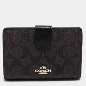 Coach Dark Brown/Black Signature Coated Canvas and Leather Compact Wallet