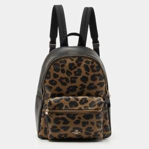 Coach Black/Brown Leopard Print Coated Canvas and Leather Charlie Backpack