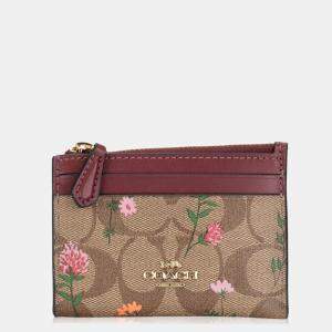 Coach Brown/Burgundy Signature Floral Print Coated Canvas and Leather Zip Skinny ID Case