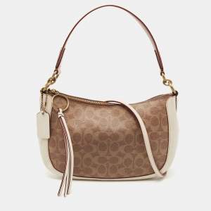 Coach Beige/Cream Signature Coated Canvas and Leather Sutton Hobo
