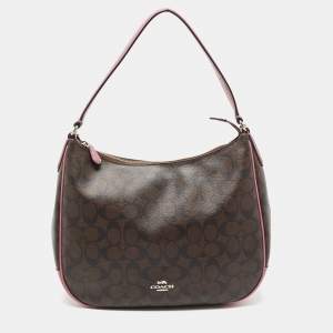 Coach Pink/Brown Signature Coated Canvas and Leather Zip Hobo