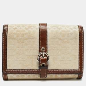 Coach Brown Signature Canvas and Leather Buckle Flap Wallet