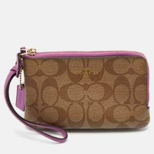 Coach Beige Signature Coated Canvas and Leather Double Zip Wristlet Pouch