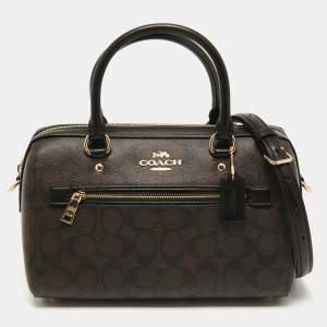 Pre Owned Coach Black/Beige Signature Coated Canvas and Leather Rowan Boston Bag