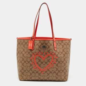 Coach x Keith Hering Beige/Orange Signature Coated Canvas and Leather Heart Graffiti City Reversible Tote 