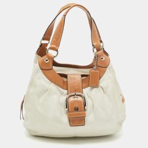 Coach White/Brown Canvas and Leather Large Soho Hobo