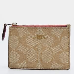 Coach Beige/Pink Signature Coated Canvas and Leather Zip Card Holder