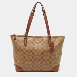 Coach Brown Signature Coated Canvas and Leather Top Zip Tote
