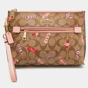 Coach Beige Signature Coated Canvas and Leather Rowan Wristlet Pouch