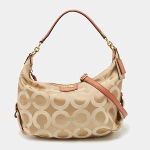 Coach Beige/Orange Op Art Fabric and Lizard Embossed Hailey Hobo