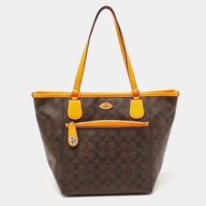 Coach Dark Brown/Neon Signature Coated Canvas and Leather Signature Zip Tote