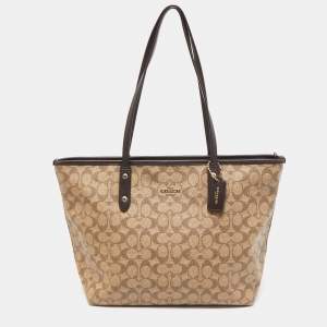 Coach Beige/Brown Signature Coated Canvas and Leather City Zip Tote