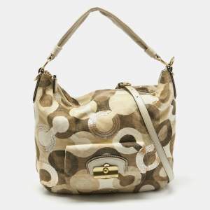 Coach Beige/Gold Op Art Sequins, Canvas and Leather Kristin Hobo