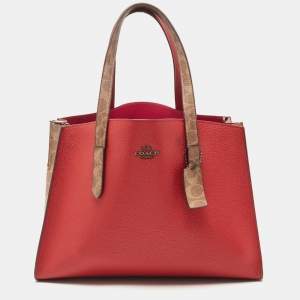 Coach Red/Beige Leather And Coated Canvas Charlie Carryall Tote