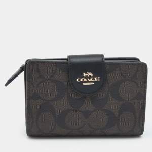 Coach Black/Brown Coated Canvas and  Leather Corner Zip Wallet