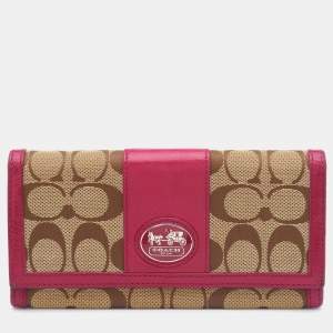 Coach Beige/Pink Signature Canvas and Leather Flap Continental Wallet