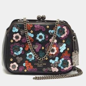 Coach Black Leather Floral Sequin Kiss Lock Crossbody Bag