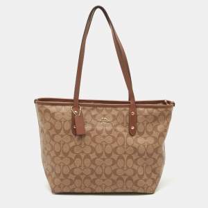 Coach Beige/Brown Signature Coated Canvas and Leather City Zip Tote