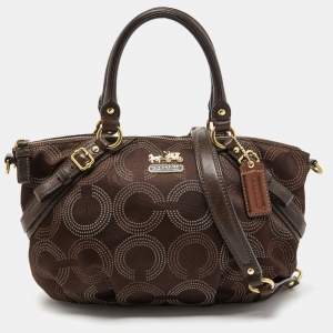 Coach Dark Brown Op Art Signature Satin and Leather Madison Satchel