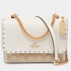Coach Light Beige Leather and Coated Canvas With Rivets Klare Crossbody Bag