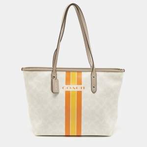 Coach White/Taupe Signature Coated Canvas and Leather City Tote