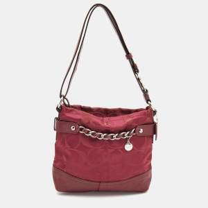 Coach Burgundy Signature Satin and Leather Chain Detail Hobo