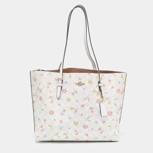 Coach White Signature Coated Canvas and Leather Floral Print City Tote