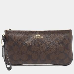 Coach Brown Signature Coated Canvas Zip Wristlet Wallet