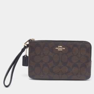 Coach Brown Signature Coated Canvas Double Zip Wristlet