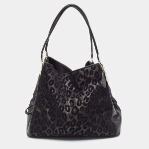 Coach Black Leopard Print Fabric and Leather Edie 31 Satchel