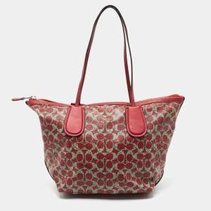 Coach Red/Grey Signature Coated Canvas and Leather Taxi Zip Tote